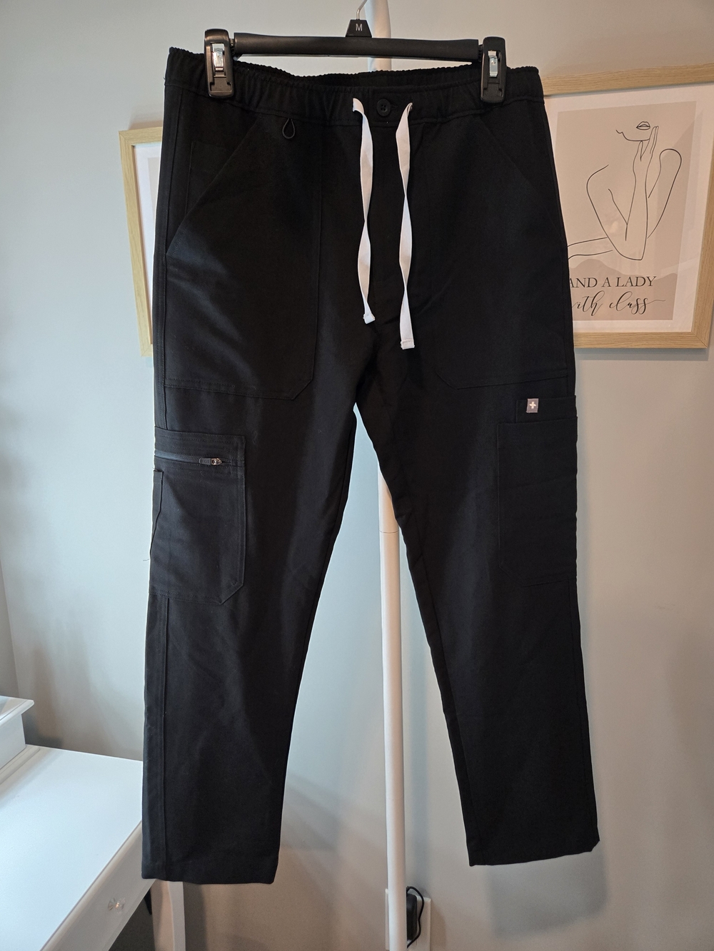 Figs Scrubs Women's Black Cargo Jogger Pants with White Drawstring
